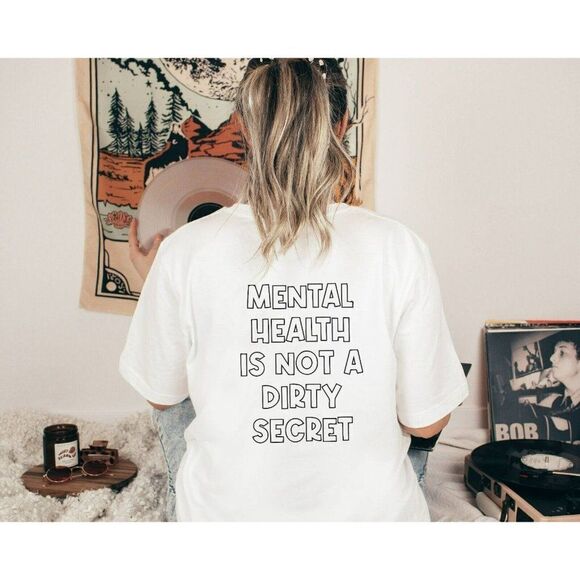 MENTAL HEALTH IS NOT A SECRET Womens White Graphic Tee with Black Lettering s-xl - Picture 1 of 2